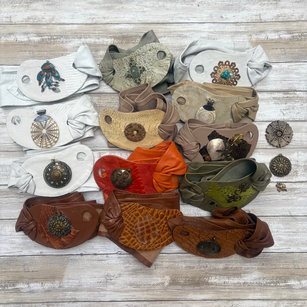 Lot of Craft Supplies Materials Leather Belt Strips Charms Pendants Multicolor